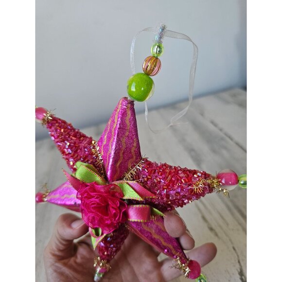 Sequin star beaded ribbon ornament pink Xmas tree green very unique well made - Picture 8 of 9